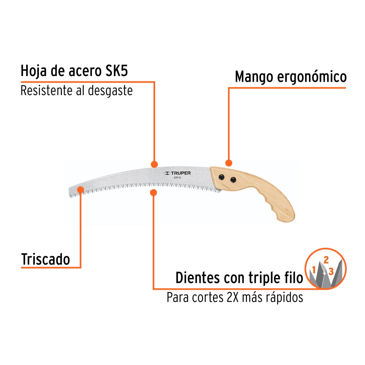 Serrucho de poda 12'' hoja curva mango de madera2