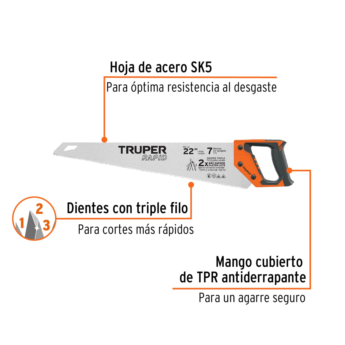 Serrucho Rapid 22´´, 7 DPP, mango Comfort grip, Truper2