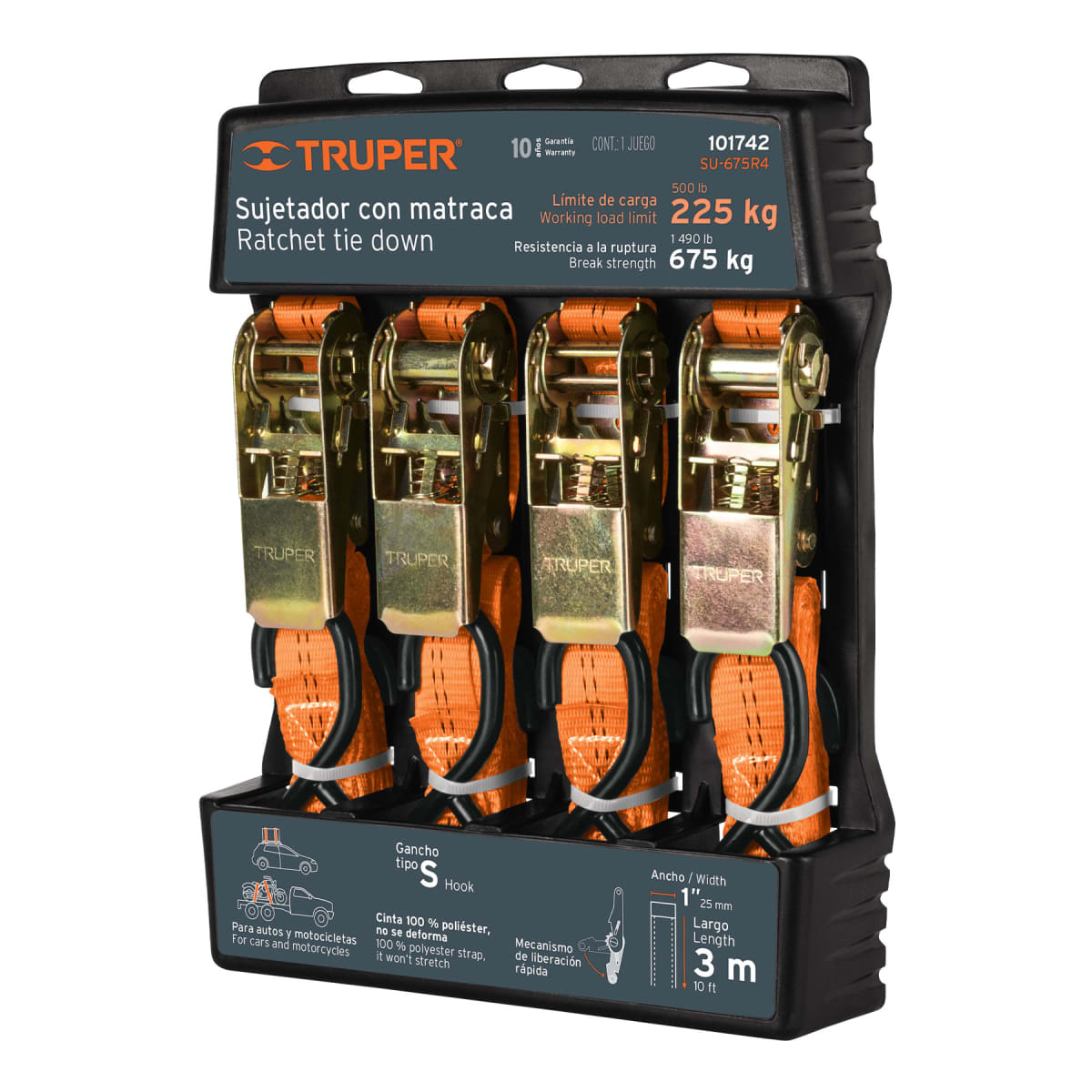 Juego de 4 sujetadores con ratchet carga máxima 675 kg Truper1