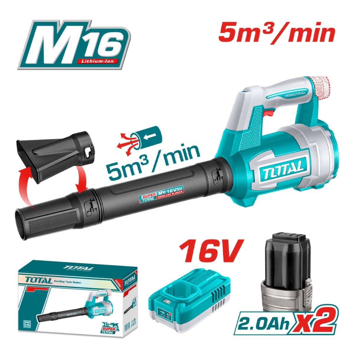 Sopladora 16v 0-13000RPM + 2 baterias y Cargador Total2