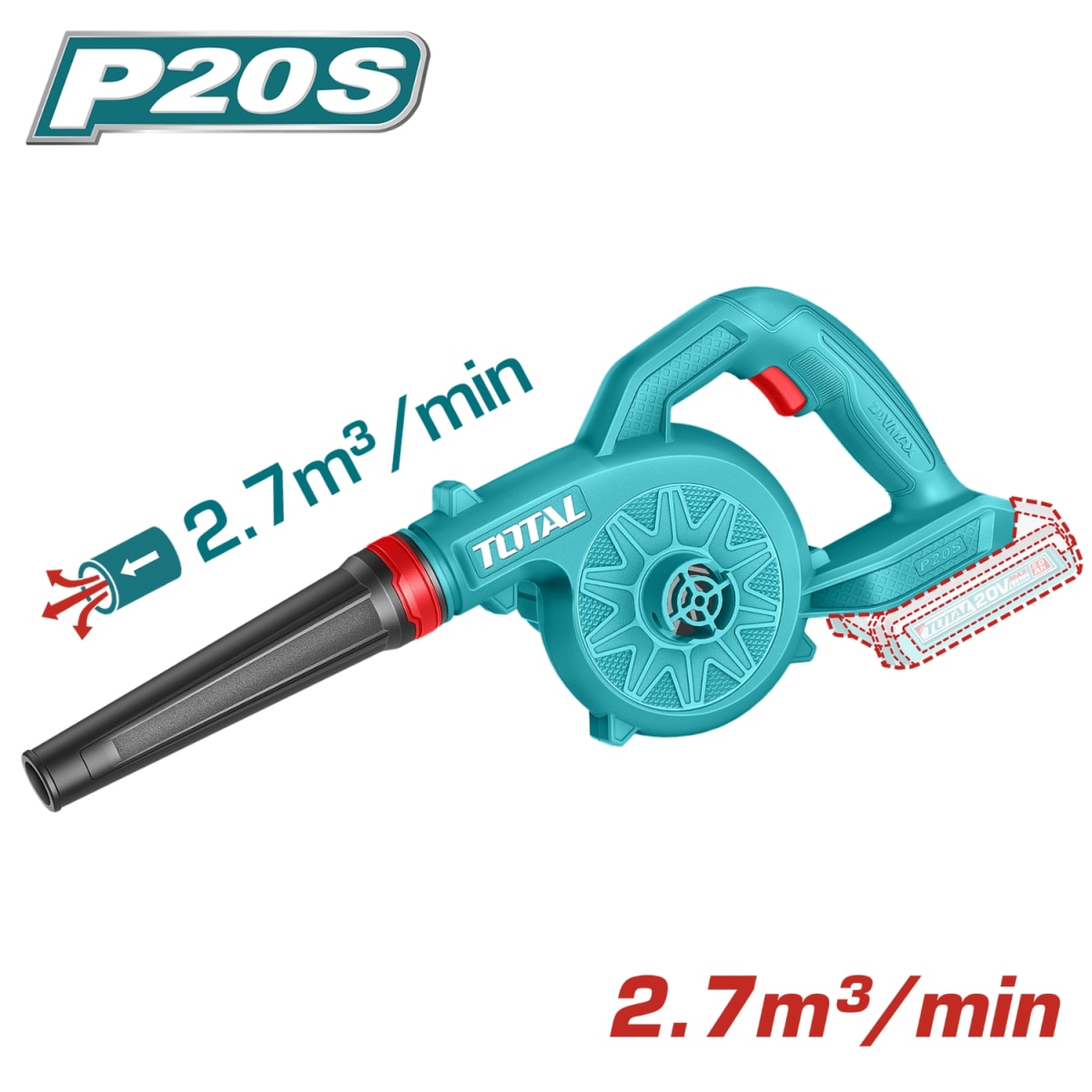 Sopladora 20V con 1 batería  2,0 Ah y cargador Total4