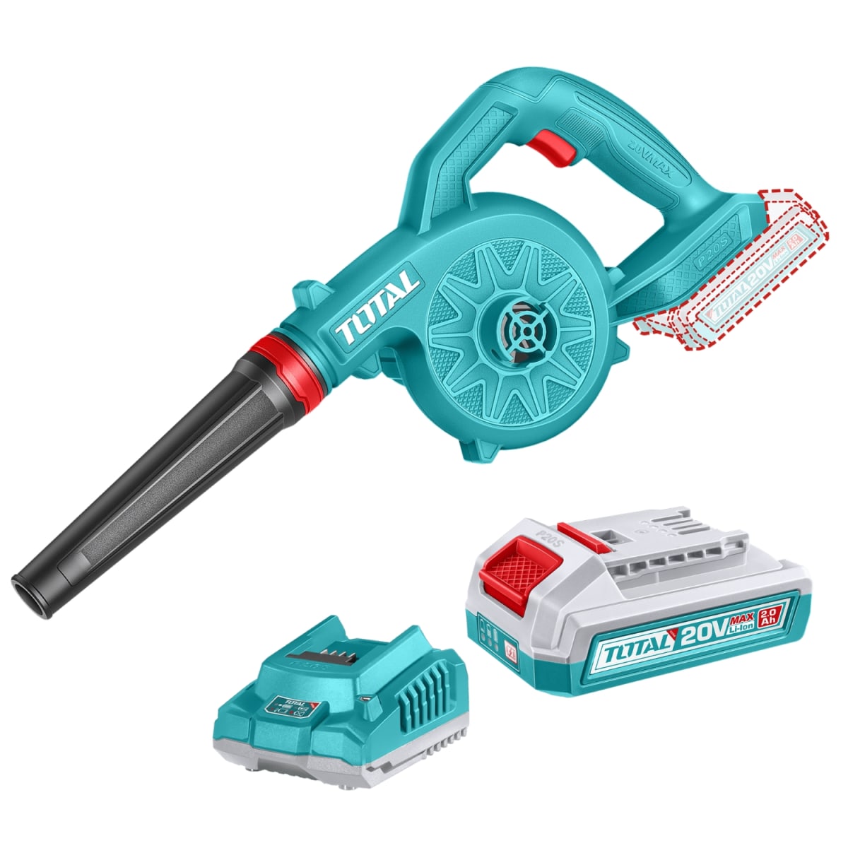 Sopladora 20V con 1 batería  2,0 Ah y cargador Total1