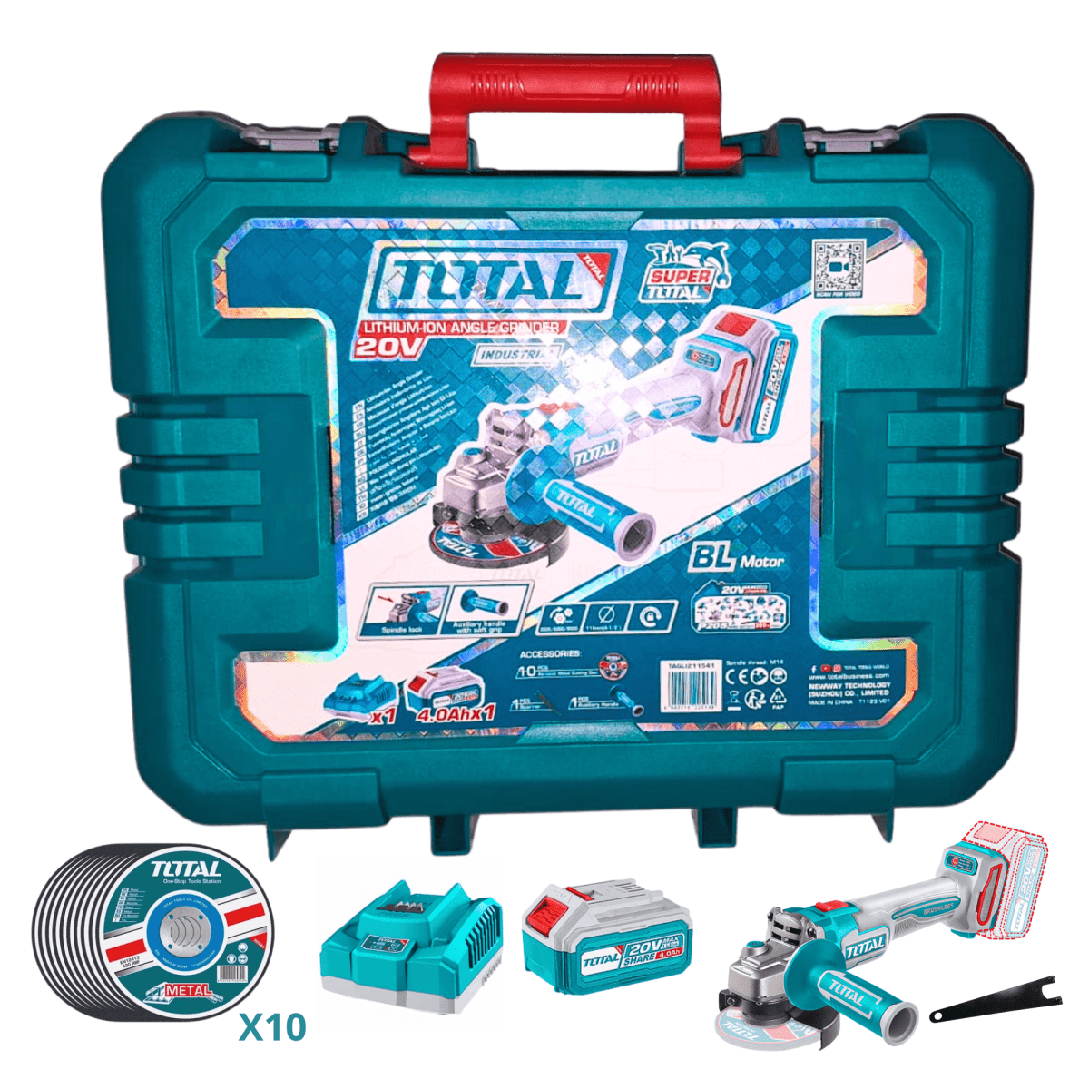 Amoladora 20v incluye bateria 4Ah y cargador Total6