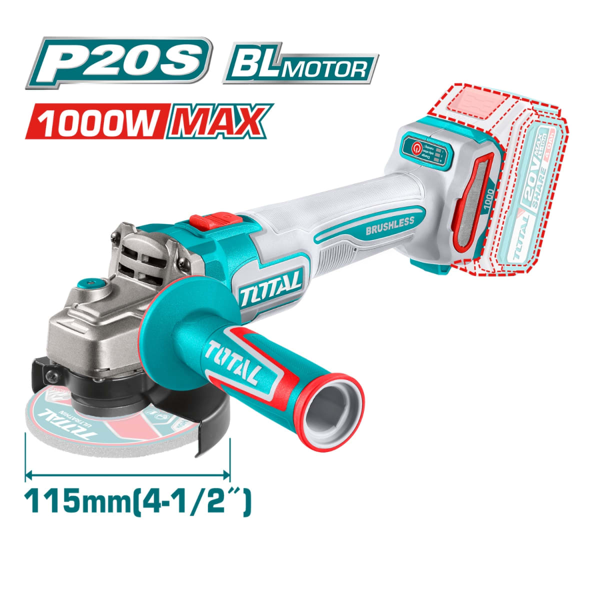 Combo 4 en 1 Taladro 96nm + Llave de impaccto 500nm + Amoladora + Linterna 20v Total5