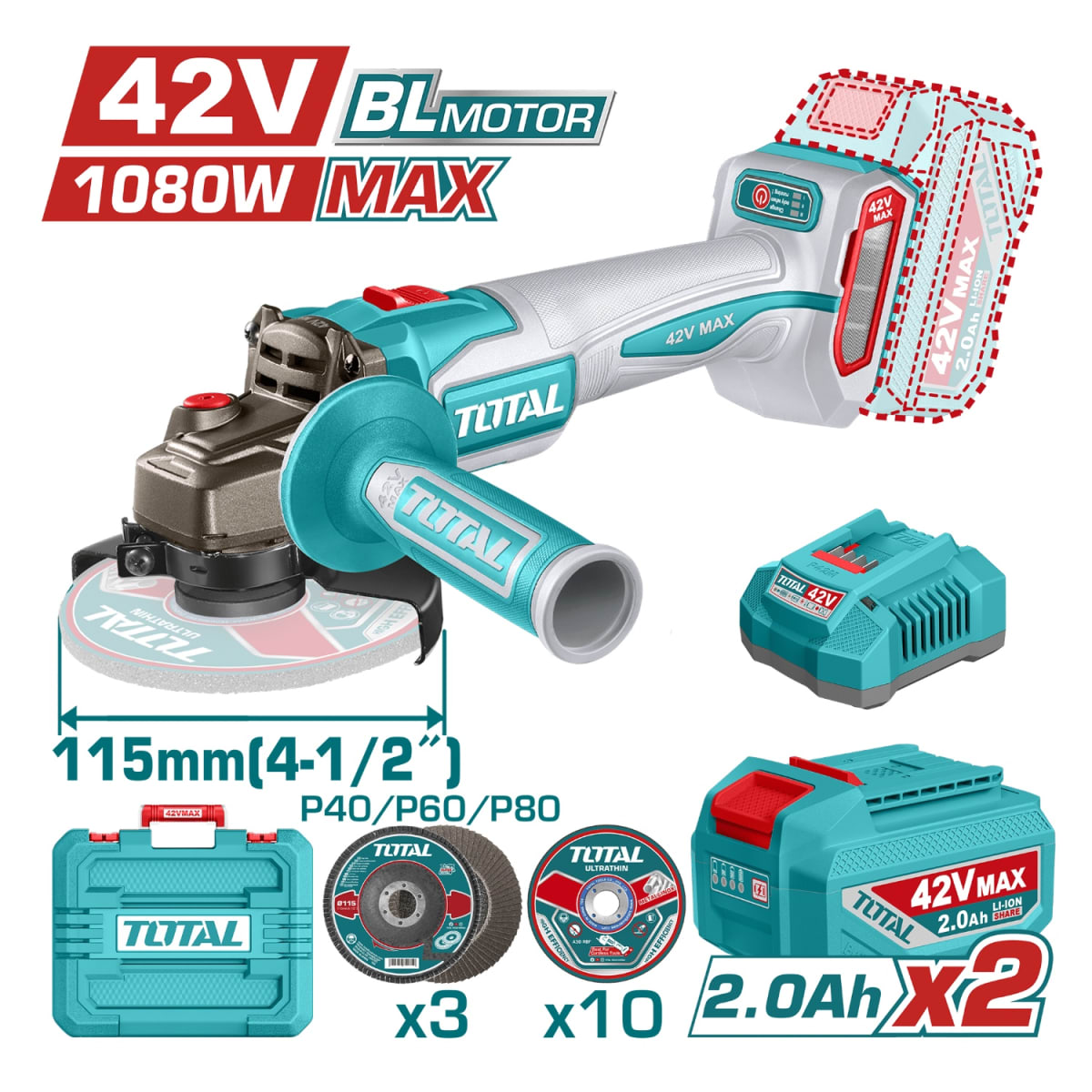 Amoladora inalambrica 1080w 4 1/2'' + 2 batería y cargador 42v total2