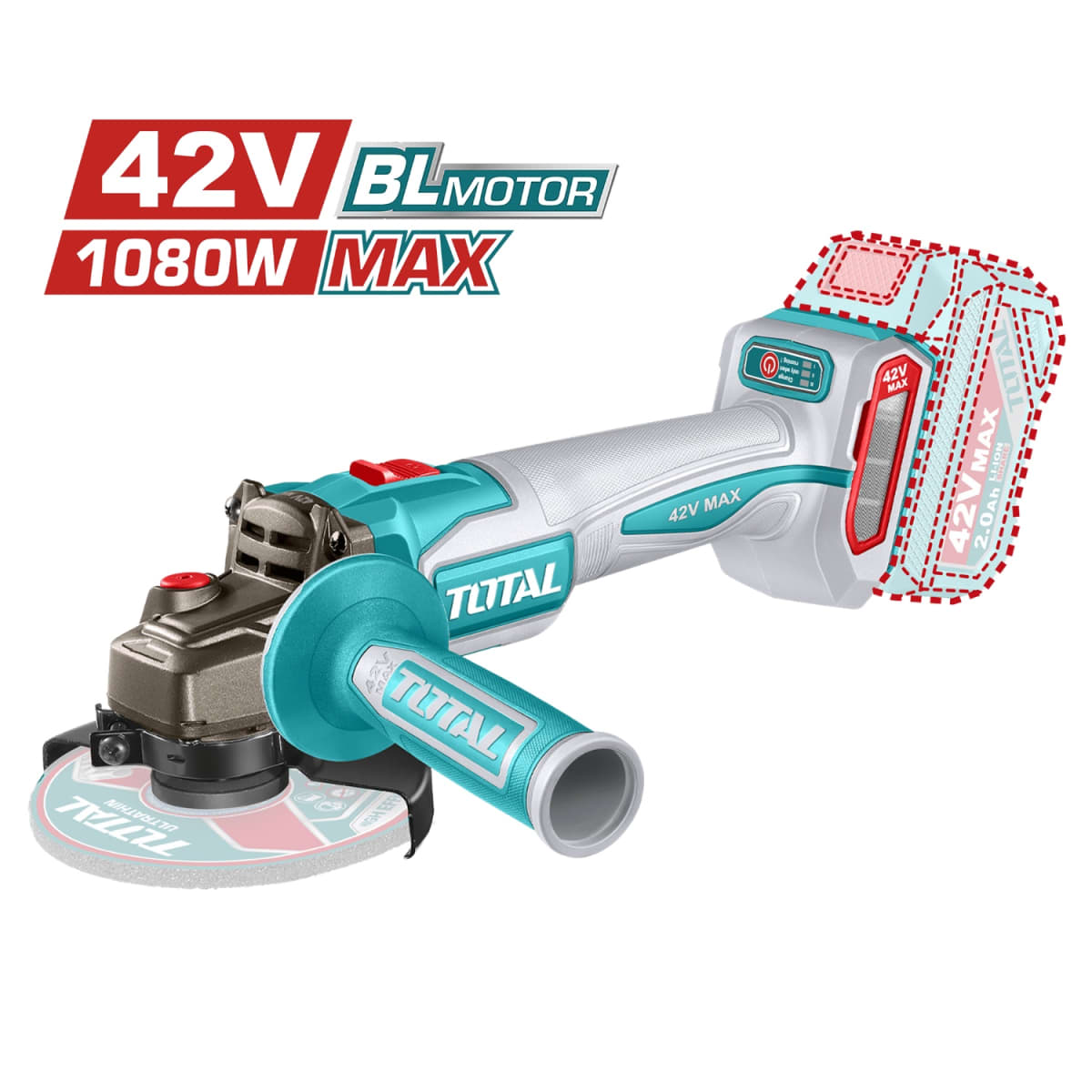 Amoladora inalambrica 1080w 4 1/2'' + 2 batería y cargador 42v total3