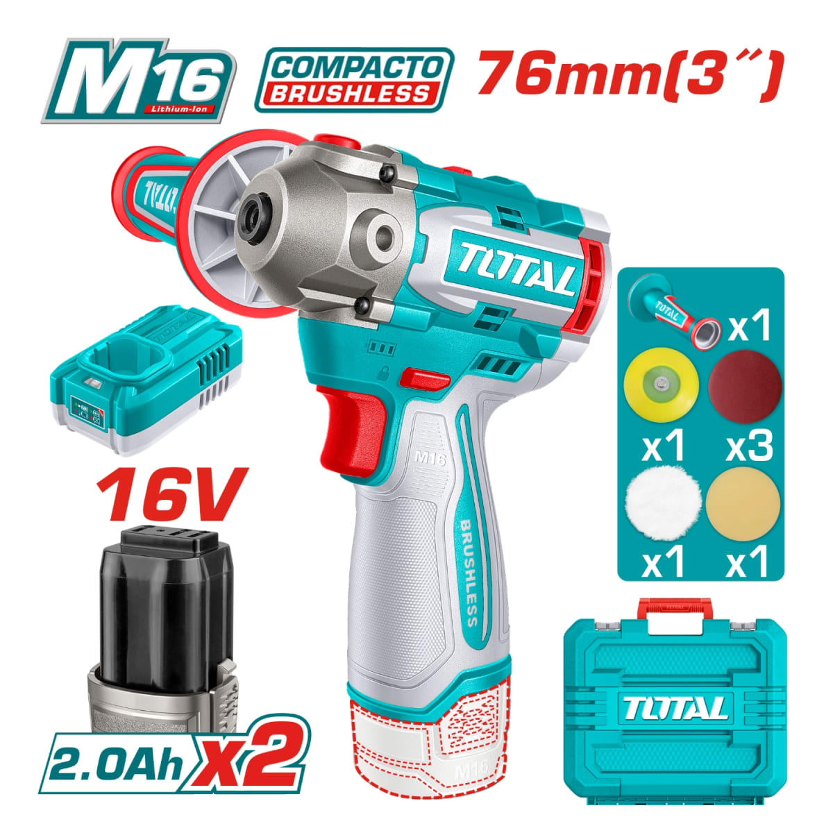 Pulidora 0-2800/0-8300rpm + Accesorios + 2 Baterias y Cargador 16v Total2