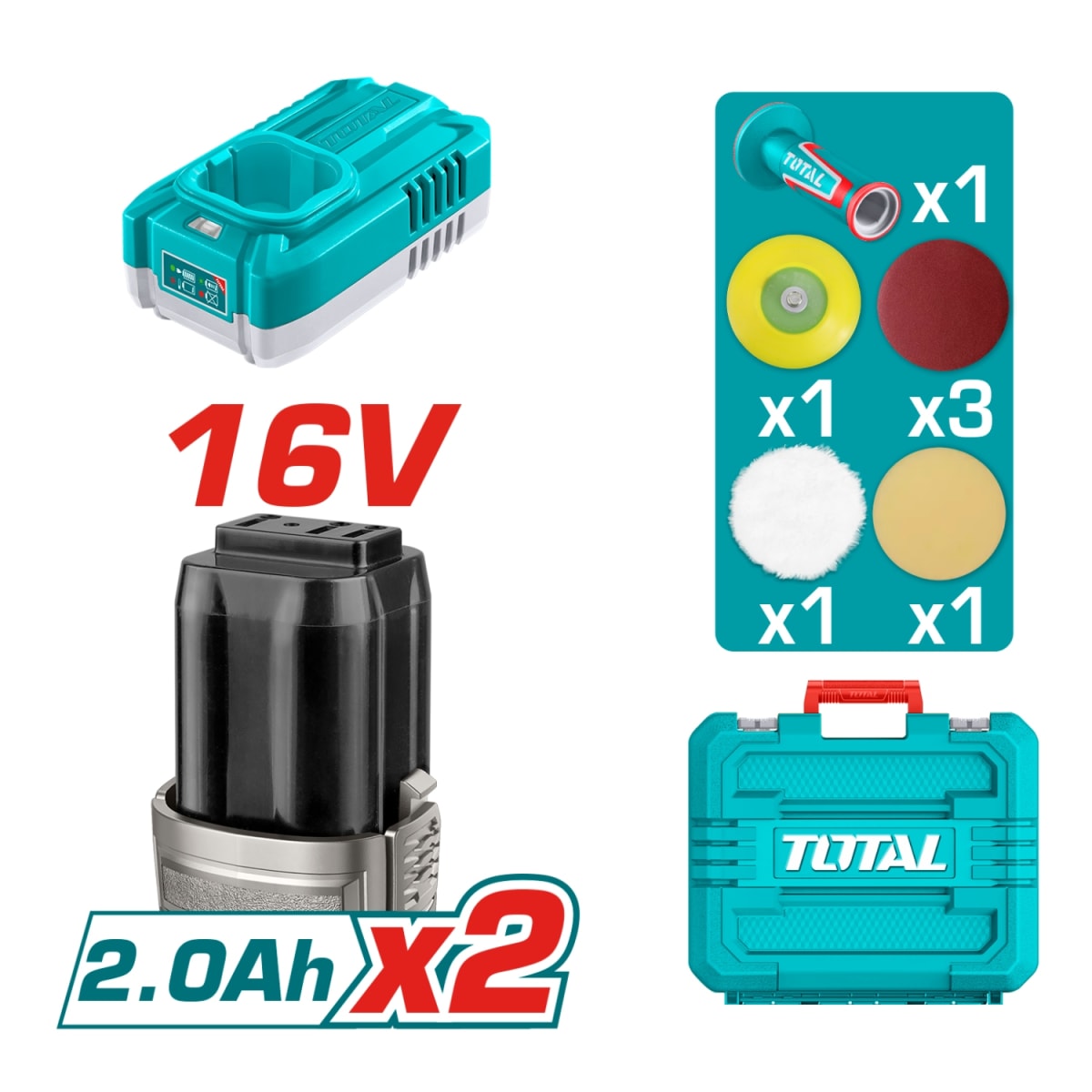 Pulidora 0-2800/0-8300rpm + Accesorios + 2 Baterias y Cargador 16v Total4