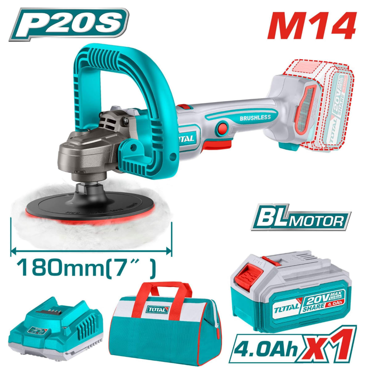 Pulidora inalámbrica 20v + bateria 4ah y cargador Total2