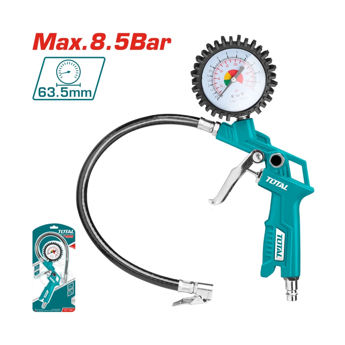 Pistola infladora de llanta con manómetro 12bar Total2