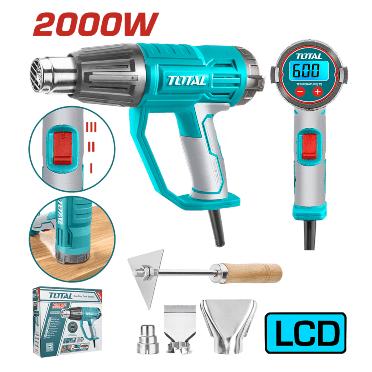 Pistola de calor 2000w con pantalla digital con accesorios Total2