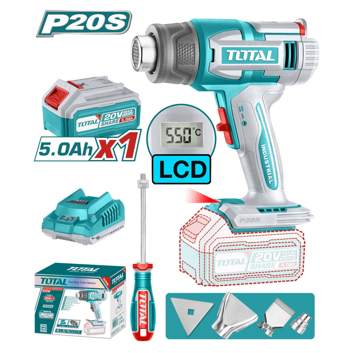 Pistola de calor + bateria 5ah y cargador industrial Total2