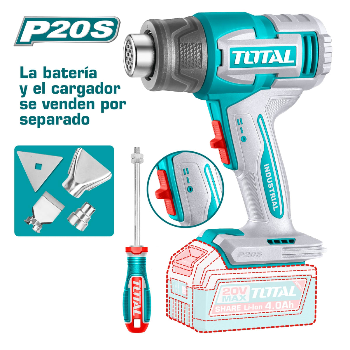 Pistola de Calor solo cabezal 300°-550° 20v Total2