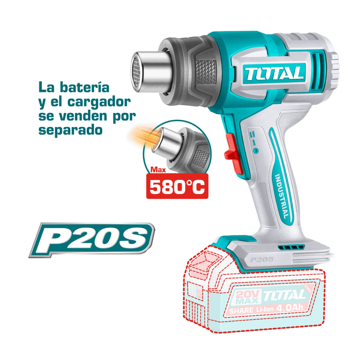 Pistola de calor 20V  30-580C + Accesorios Total2