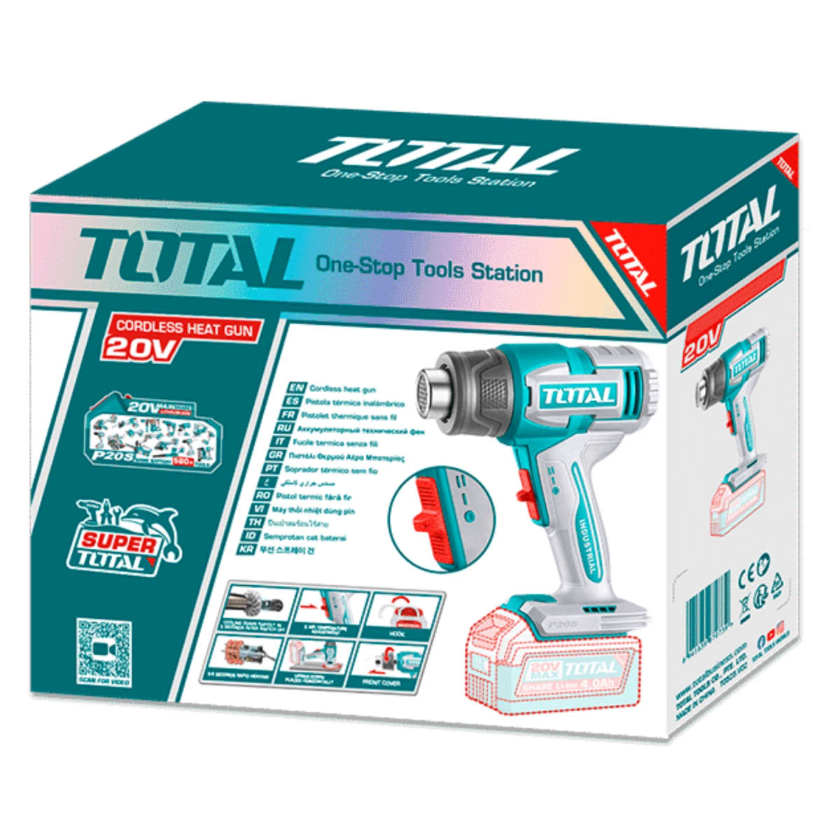 Pistola de calor 20V  30-580C + Accesorios Total4