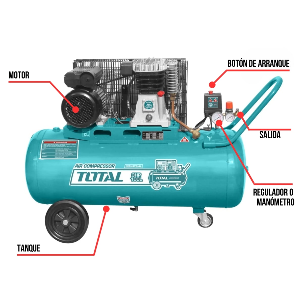 Compresora de aire con faja 100 litros 3 HP Total3