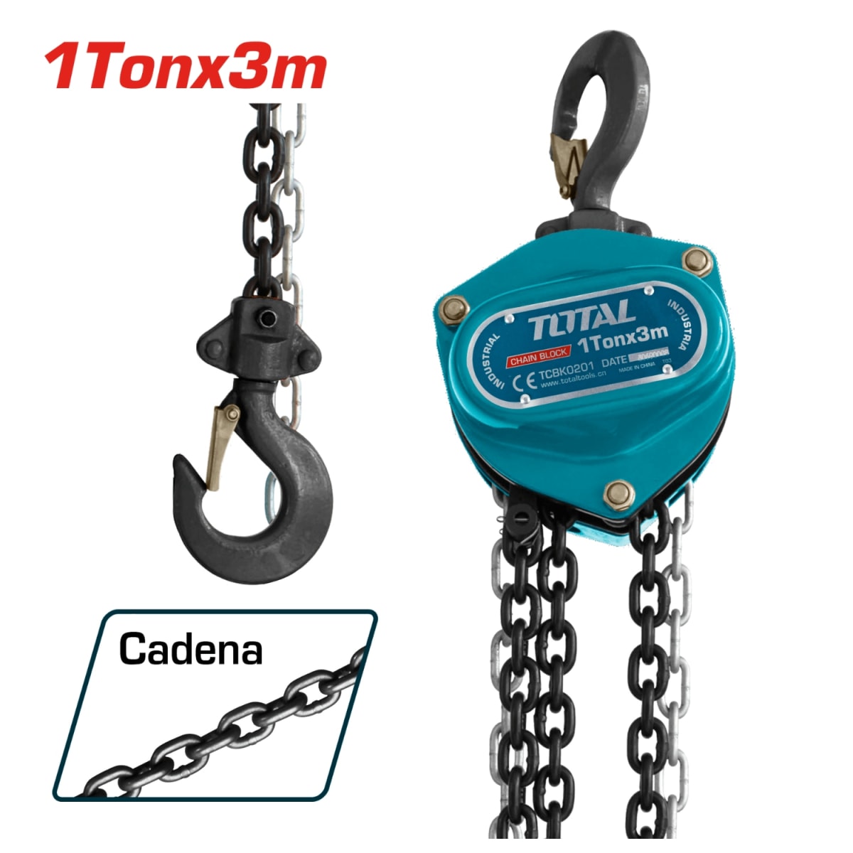 Tecle de Cadena 1 Tonelada 3Metros 250N Acero Total2