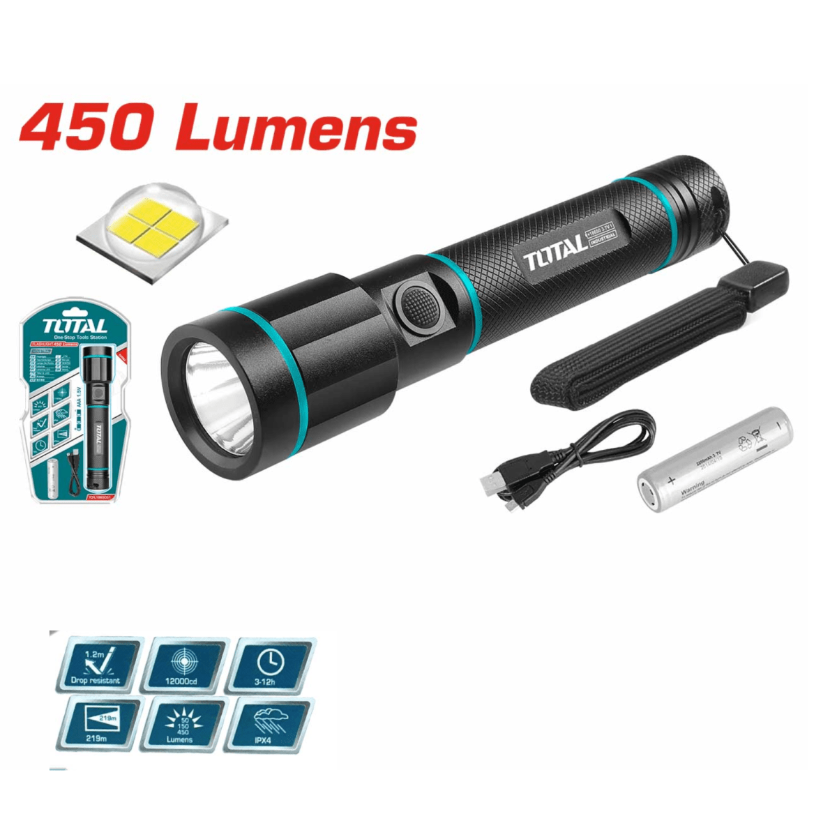 Linterna de mano de aluminio 450 lm Total2