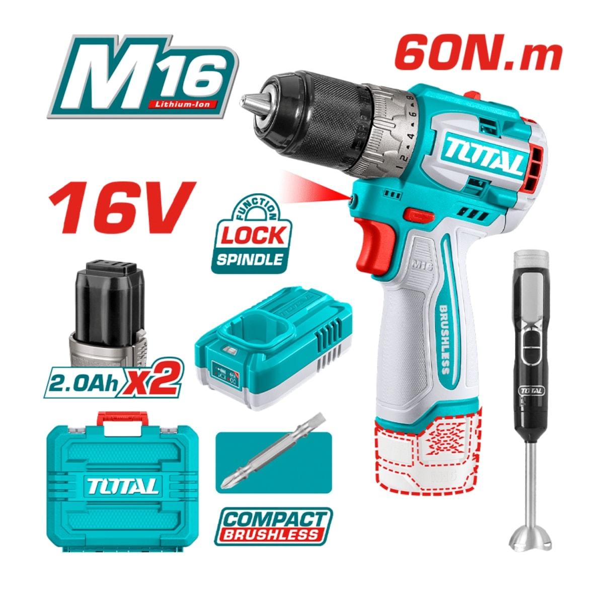 Combo Taladro Atornillador 60nm 16v + Batidora Recarg. Total2