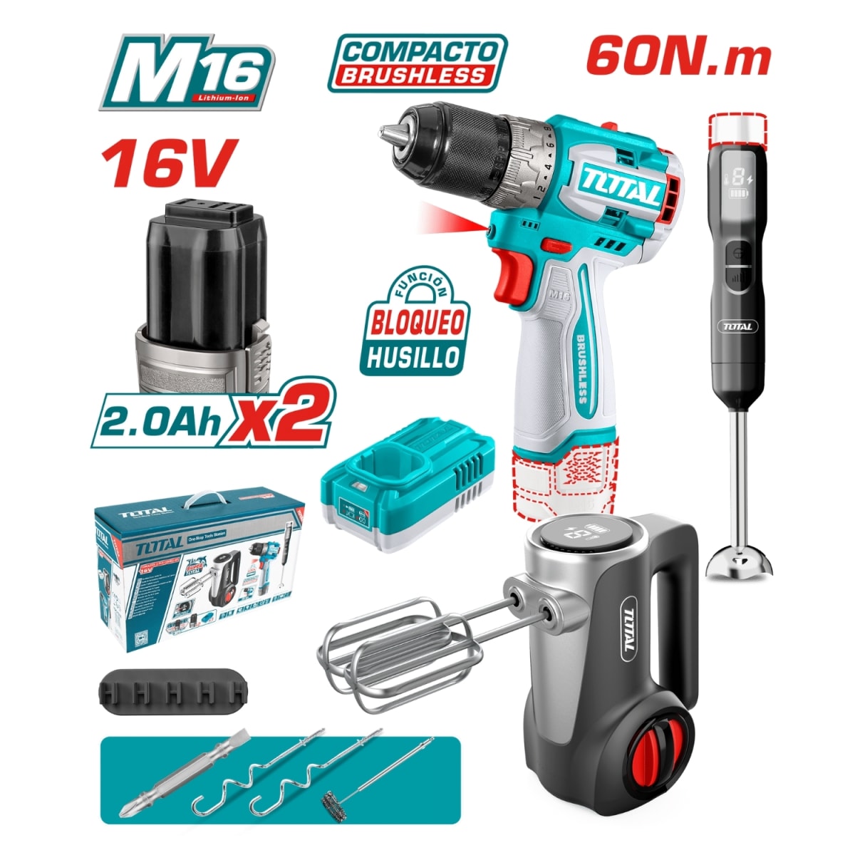Combo 3 en 1 Taladro Atornillador 60nm + Batidoras 16v Total4