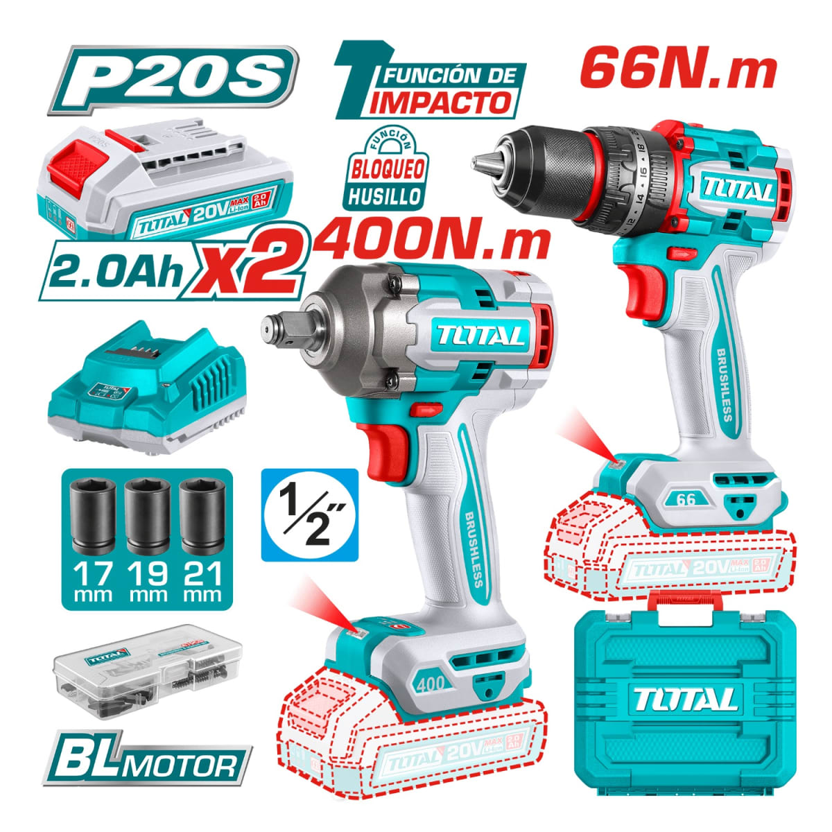Taladro percutor 66nm + Llave de impacto 400nm industrial Total2