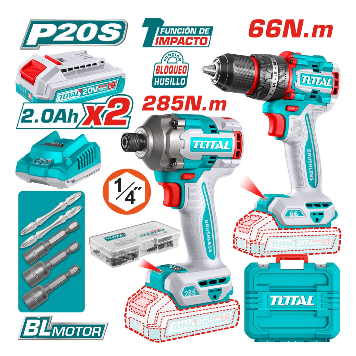 Combo taladro percutor 66nm + atornillador de impacto 285nm Total4