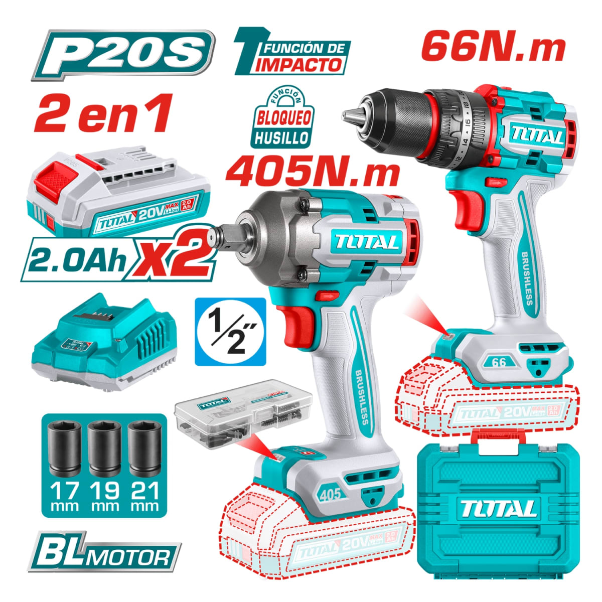 Combo taladro percutor 66nm + llave de impacto 405nm Total4