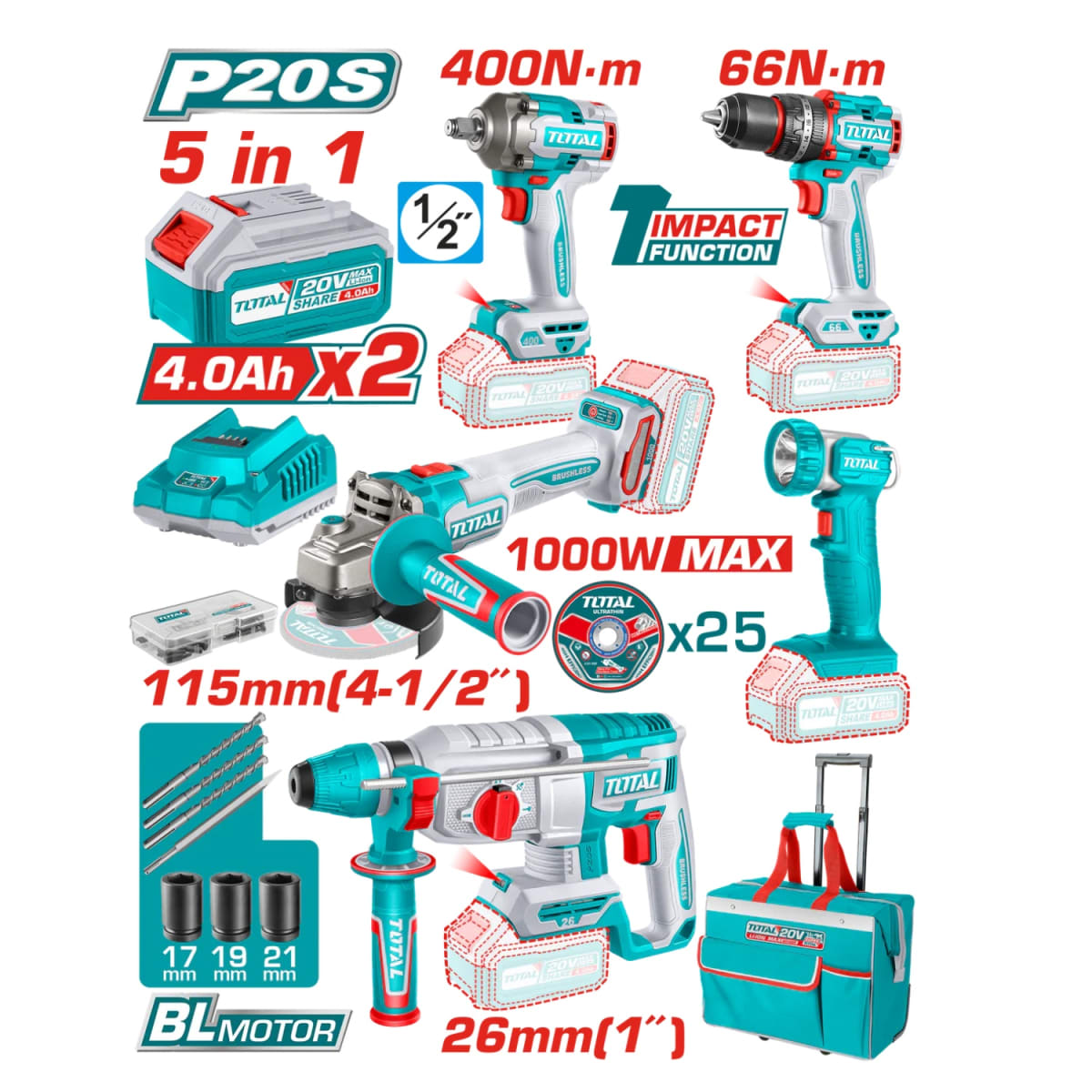 Combo Taladro 66nm + llave de impacto + Rotomartillo + Amoladora + Linterna Total2