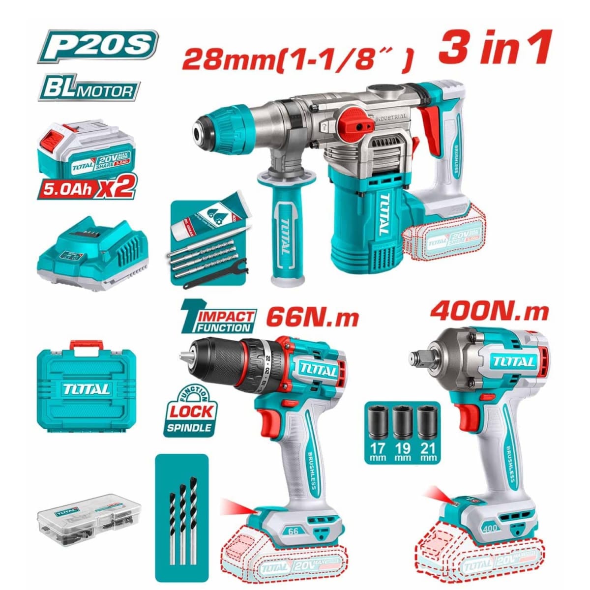 Combo Taladro Percutor 66nm + Llave de Impacto 400nm + Rotomartillo 20v Inalámbrica Total2