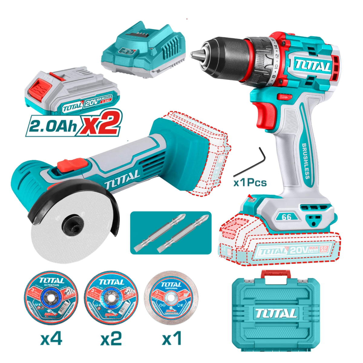 Combo Taladro atornillador 66nm + Amoladora + 2 bateria y cargador Total1