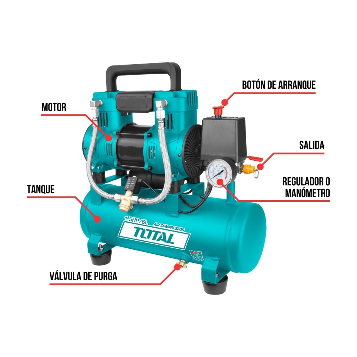 Compresora silenciosa 6 litros + Kit compresor 5 piezas Total3