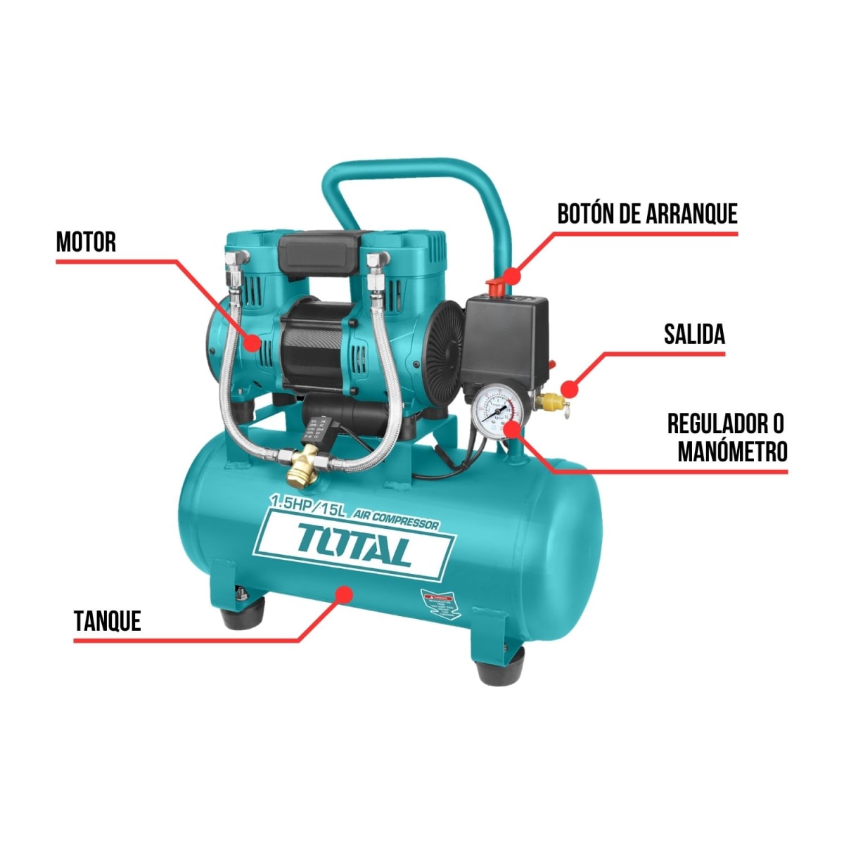 Compresora silenciosa 15 litros + kit compresor 5 piezas Total3