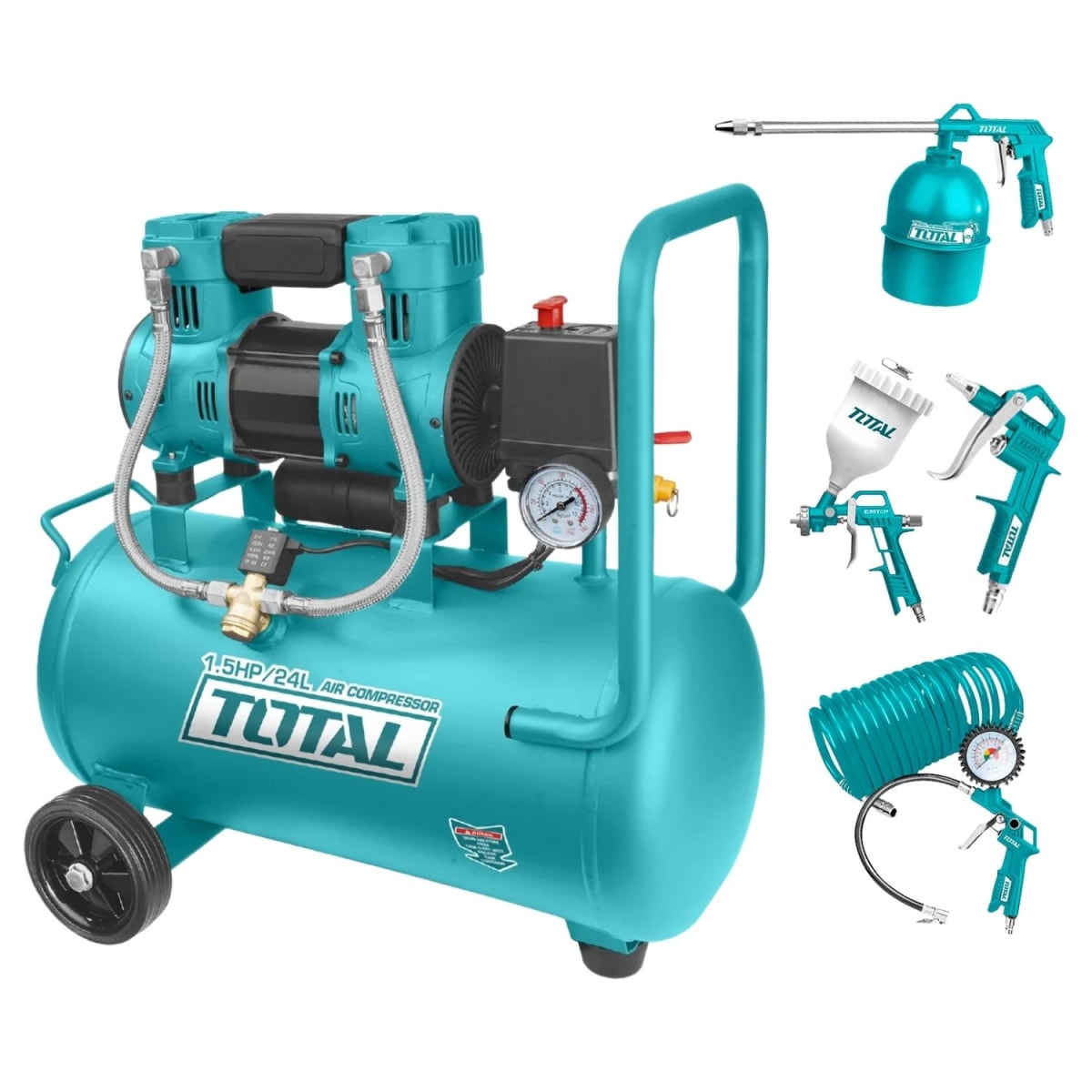 Compresora silenciosa 24 litros + Kit compresor 5 piezas Total1