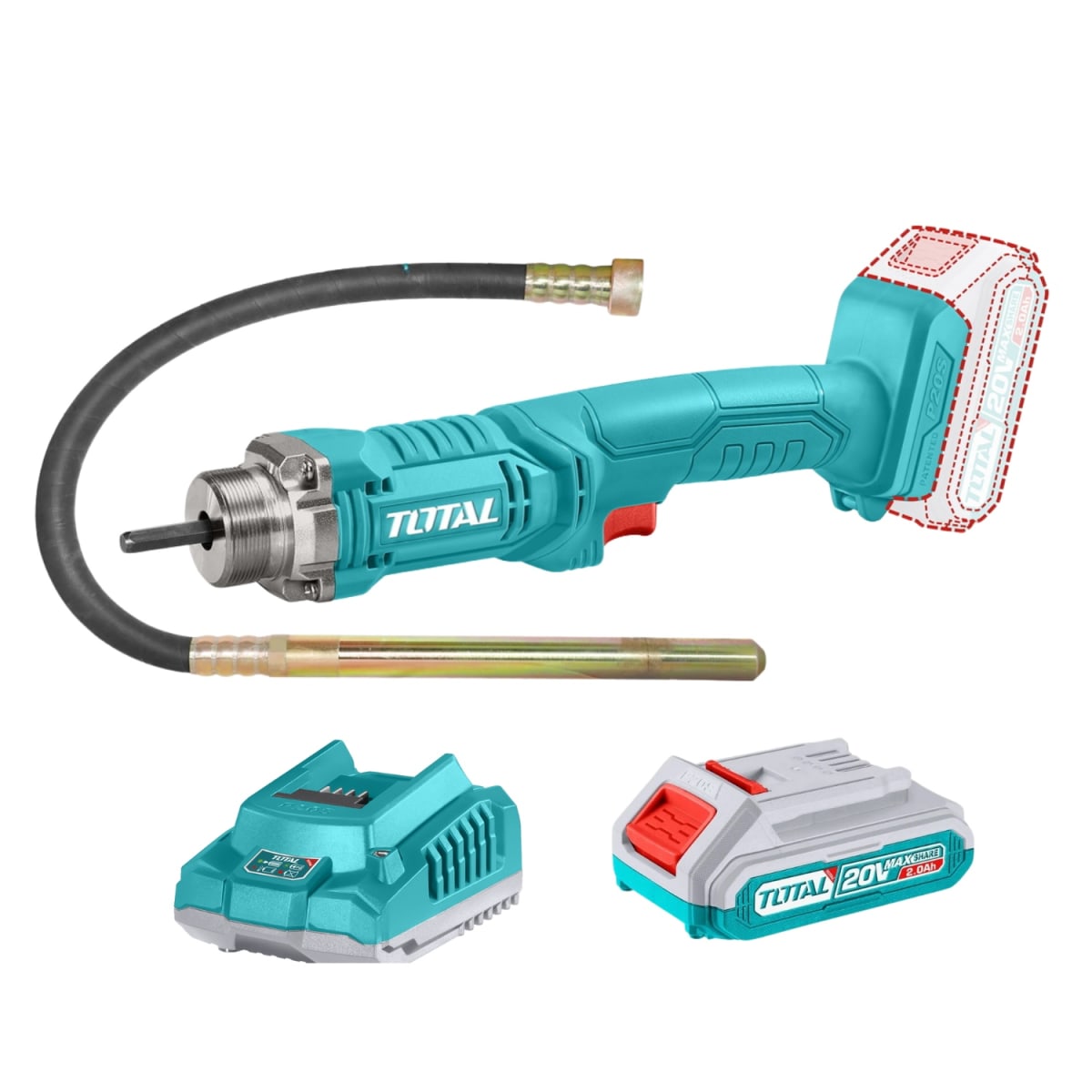 Vibrador de concreto 20v + batería 2 A.h + cargador y manguera Total6