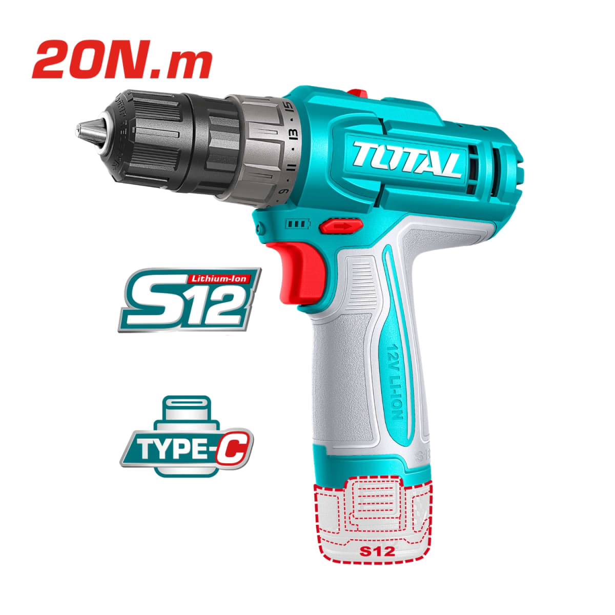 Taladro Atornillador 12v 20nm + 2 Batería tipo C Total2