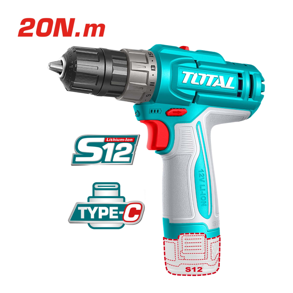 Taladro Atornillador 12v 20nm + Batería tipo C Mango Ergonomico Total2