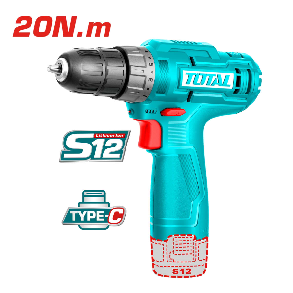 Taladro Atornillador 12v 20nm + Batería tipo C Total2