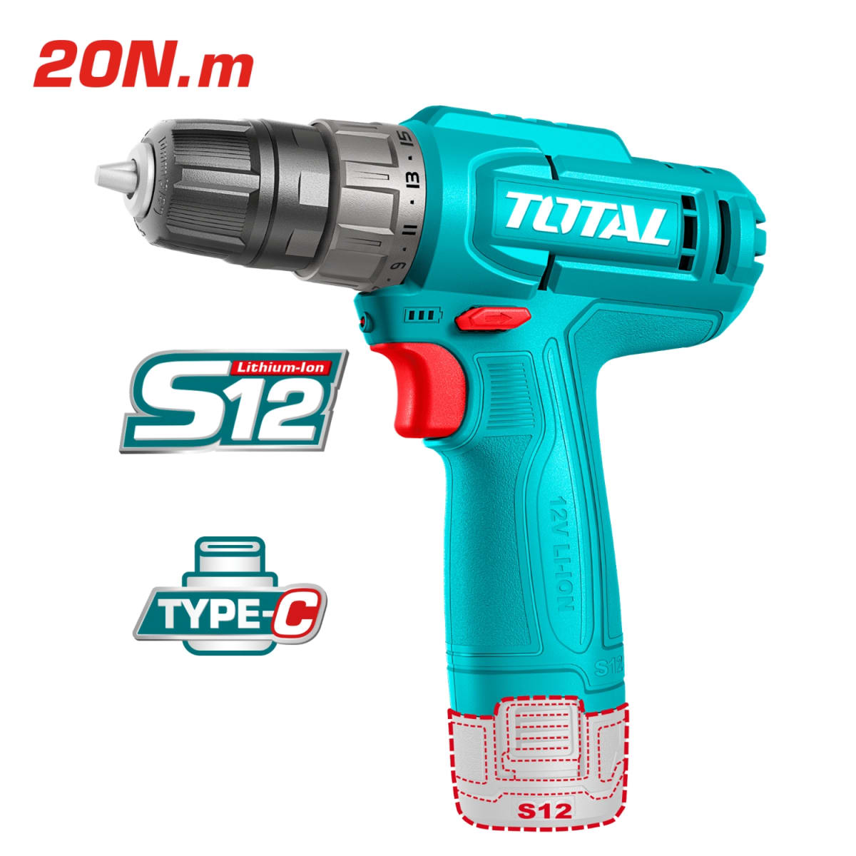 Taladro Atornillador 12v 20nm + Batería tipo C + Punta dual Total2