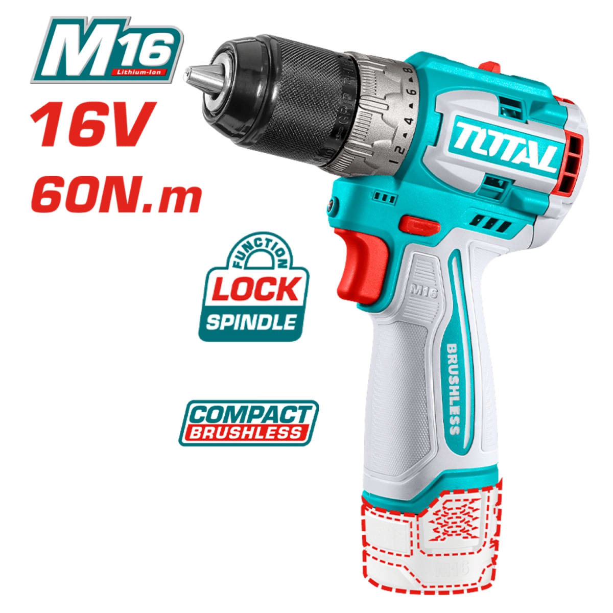 Taladro Atornillador 60nm + 2 Baterías y Cargador 16v Total2