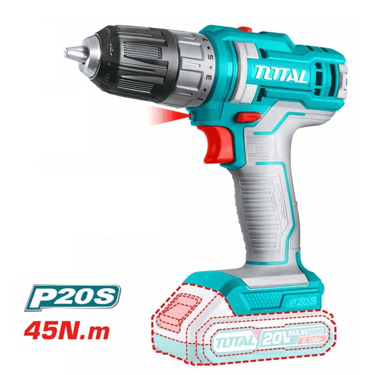 Taladro atornillador 20v 45 Nm incluye bateria y cargador Total2