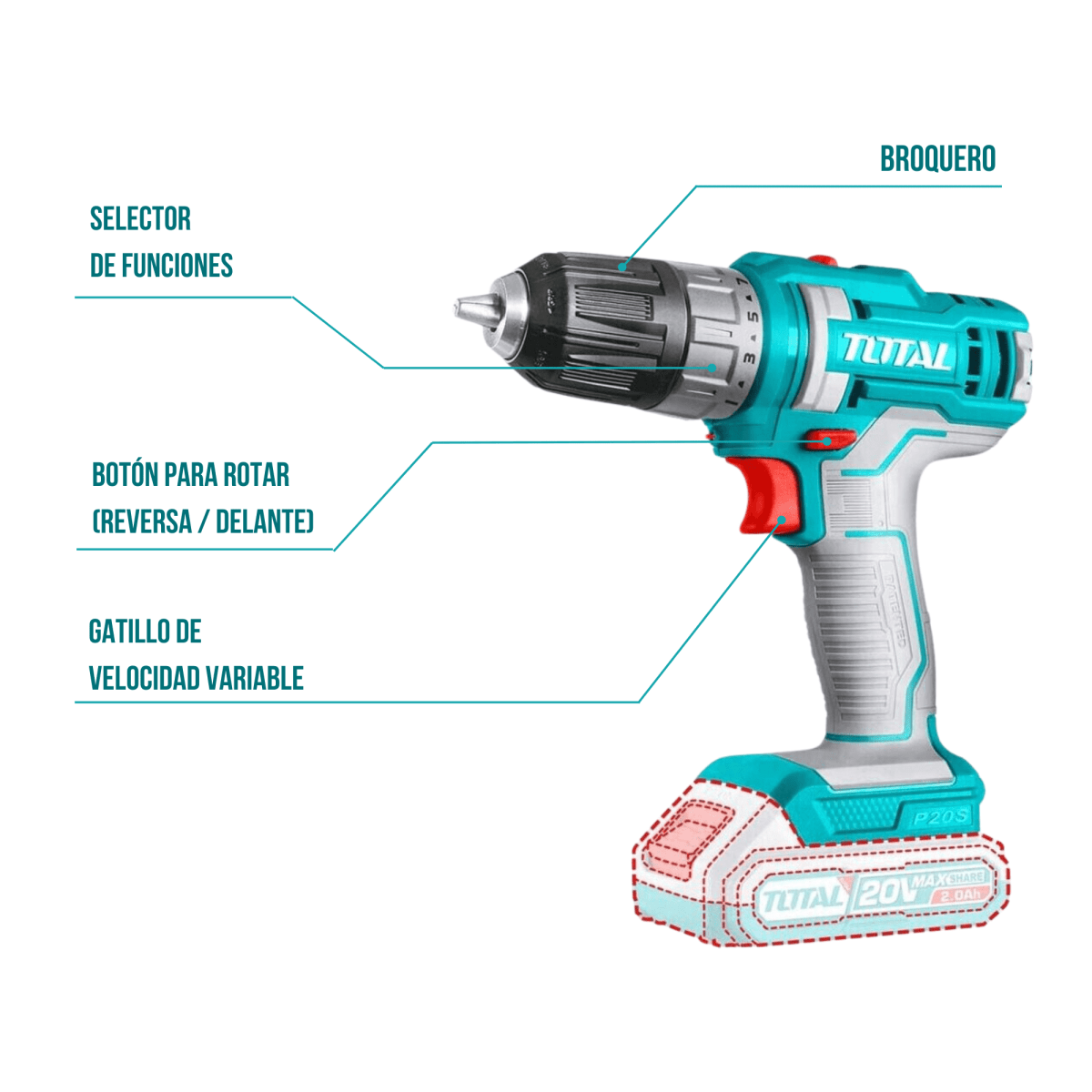 Taladro atornillador 20v 45 Nm incluye bateria y cargador Total3