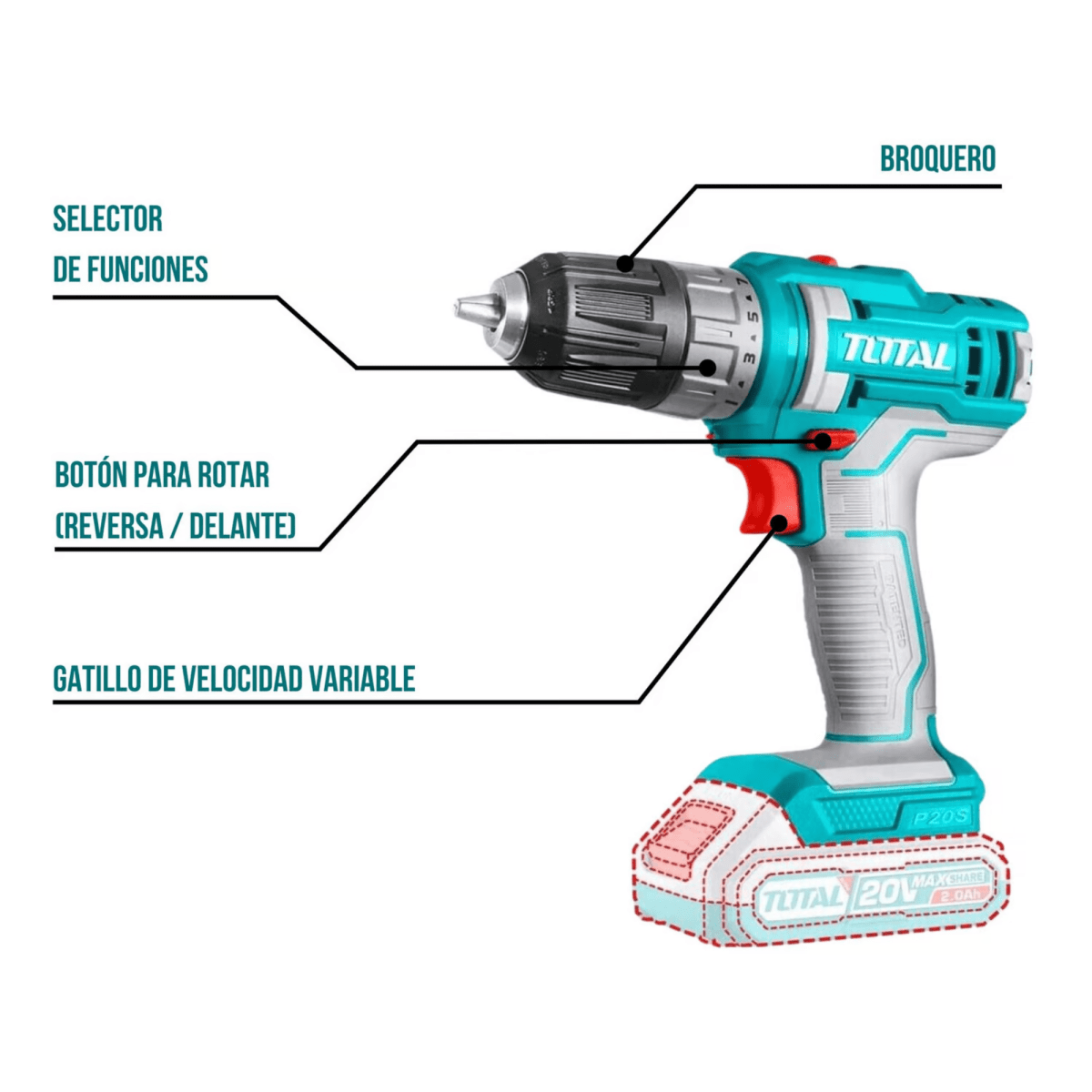 Taladro atornillador inalámbrico 20v + bateria y accesorios Total2