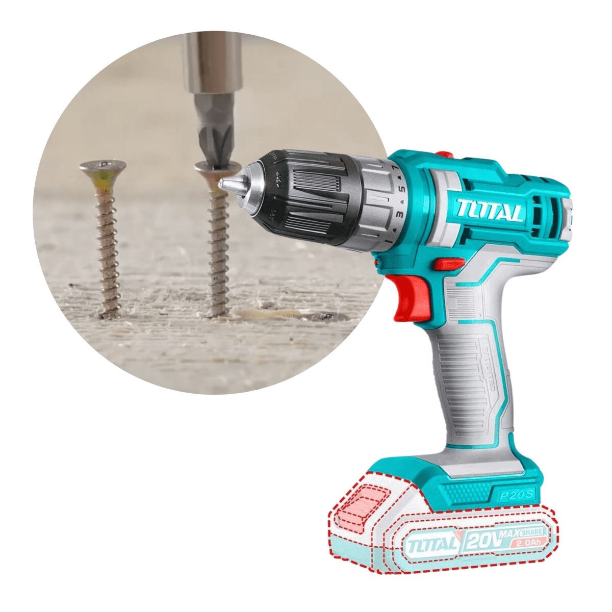 Taladro atornillador inalámbrico 20v + bateria y accesorios Total8