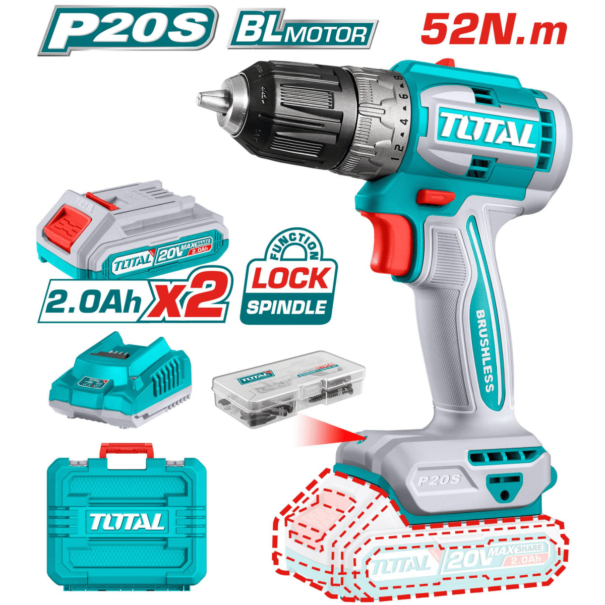 Taladro atornillador 52nm + 2 baterías 2ah y cargador Total5