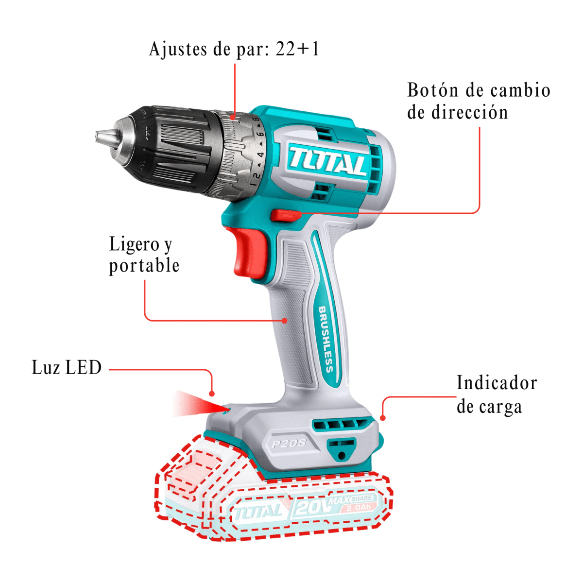 Taladro atornillador 52nm + 2 baterías 2ah y cargador Total3