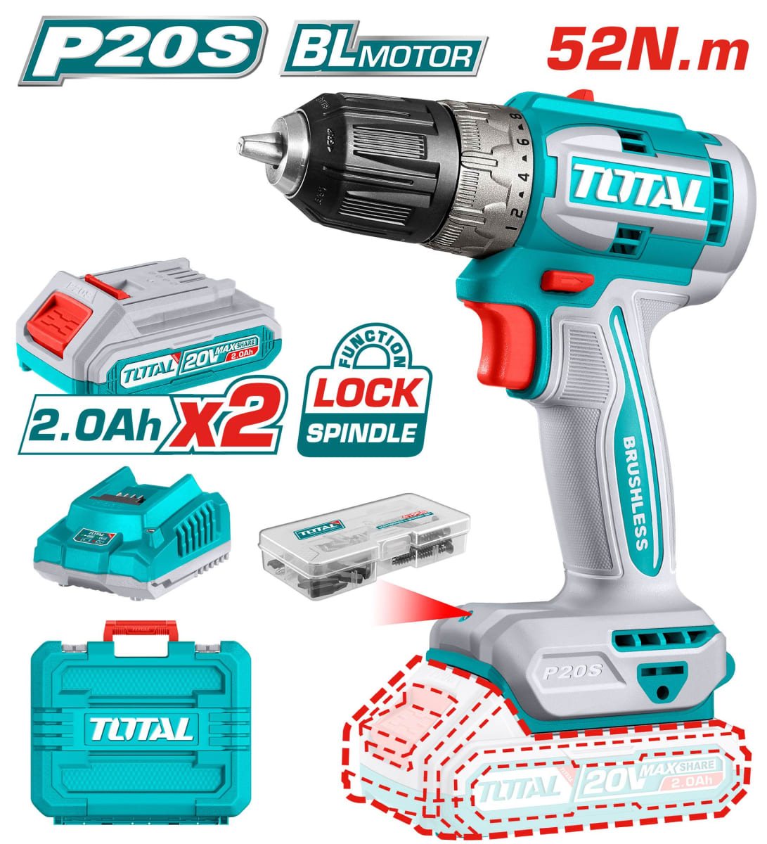 Taladro atornillador 52nm + 2 baterías 2ah y cargador Total2