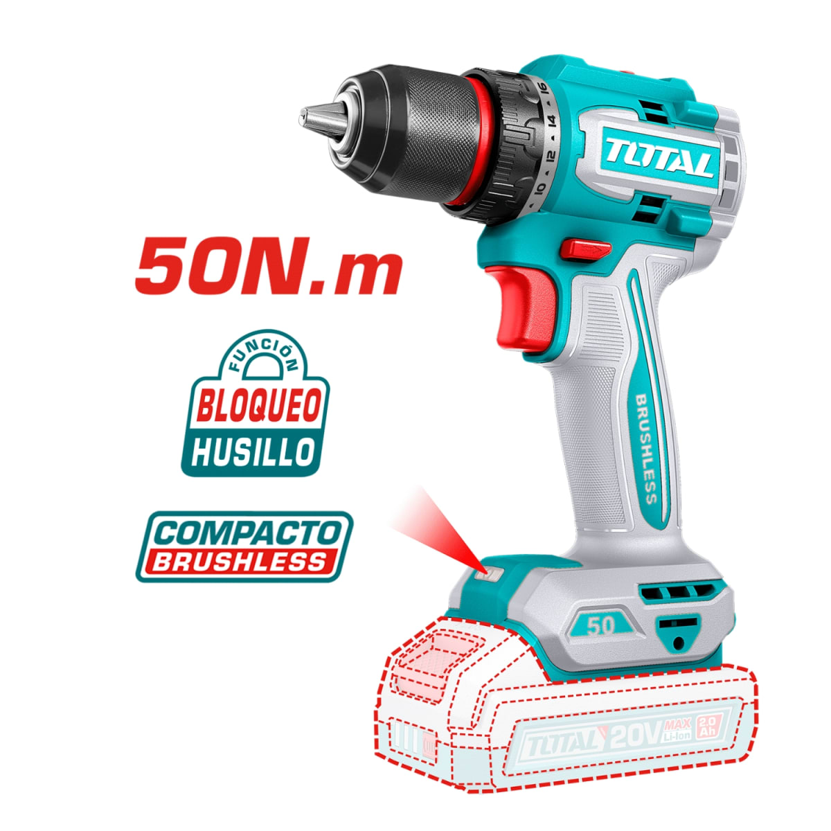 Atornillador brushless 50N.m.20V c/ chuck metálico 13mm con 1 batería Total2