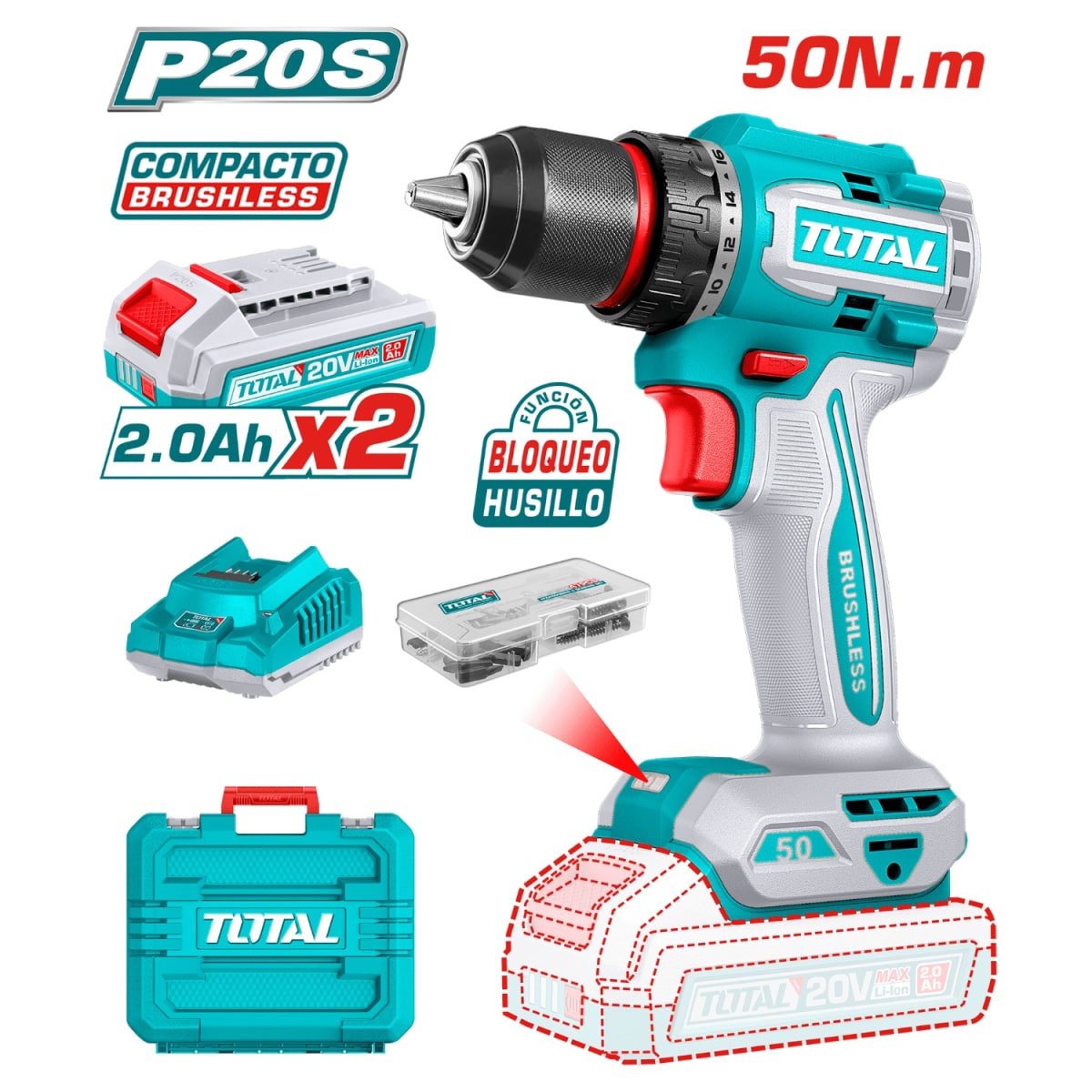 Taladro Atornillador 50nm + 2 Baterias 2ah + Cargador Total5