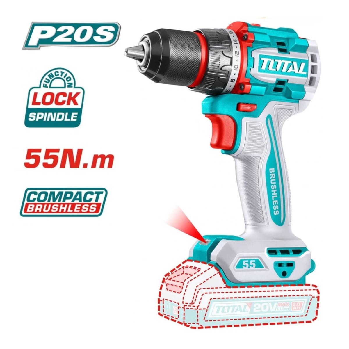 Taladro Atornillador 55nm 20v incluye batería y cargador Total3