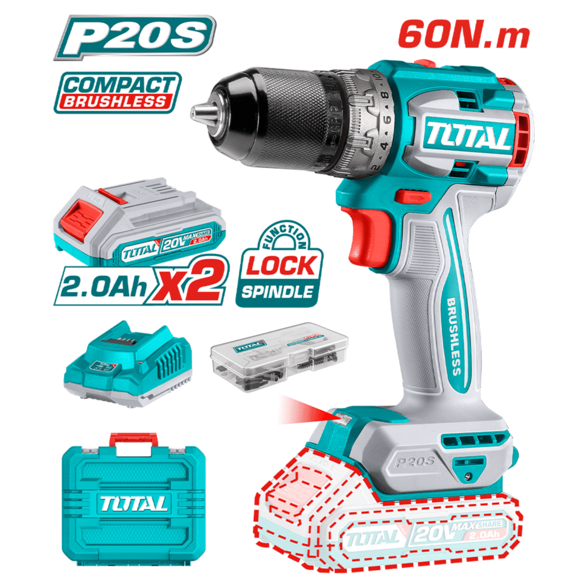 Taladro atornillador chuck metálico 60 Nm 20v Total2